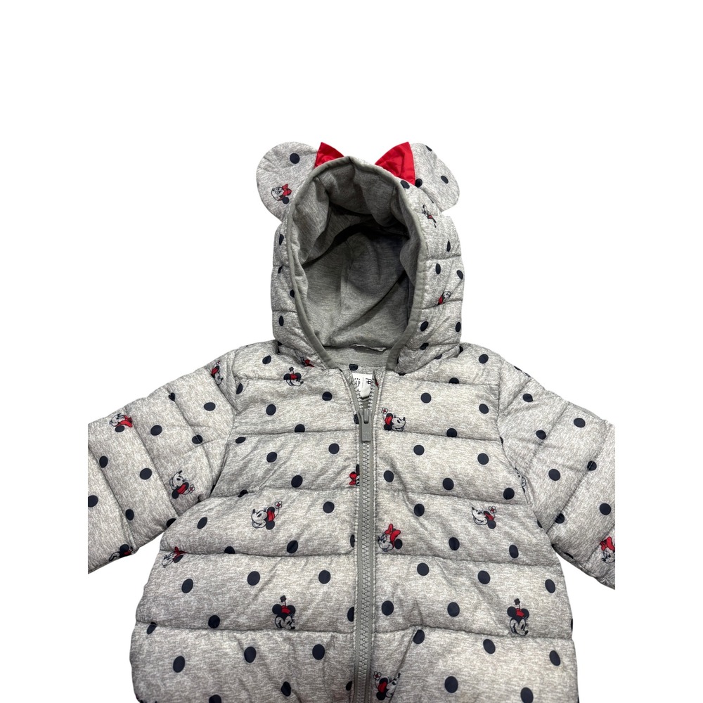 Baby Gap Disney Minnie Mouse Gray Polka Dot Puffer Jacket Hooded Ears Bow 18-24M